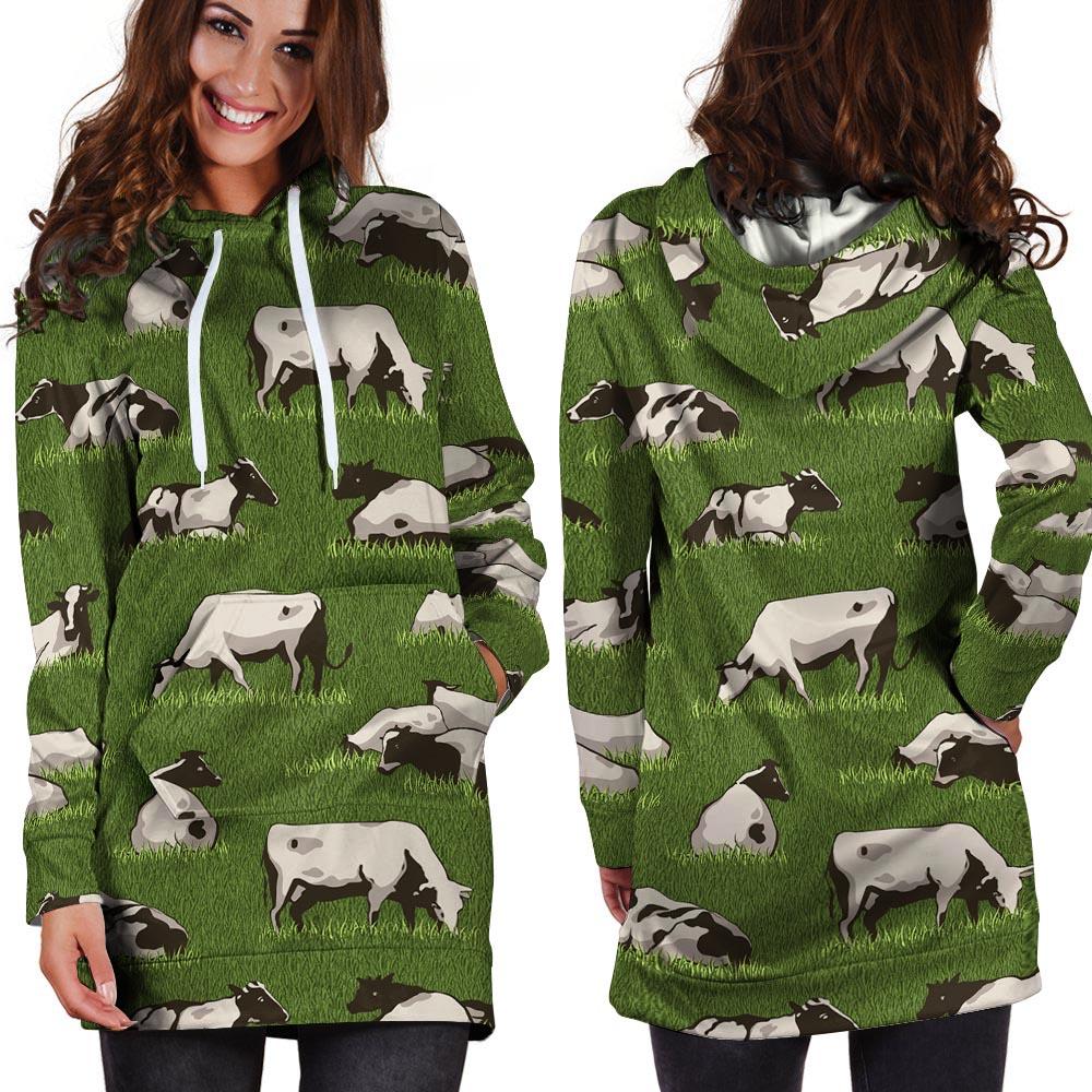 Cow In Grass Print Hoodie Dress-grizzshop