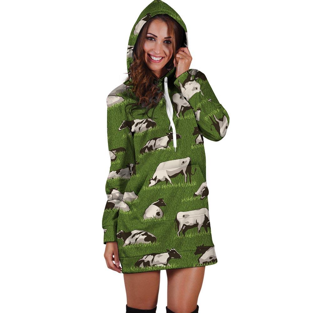 Cow In Grass Print Hoodie Dress-grizzshop