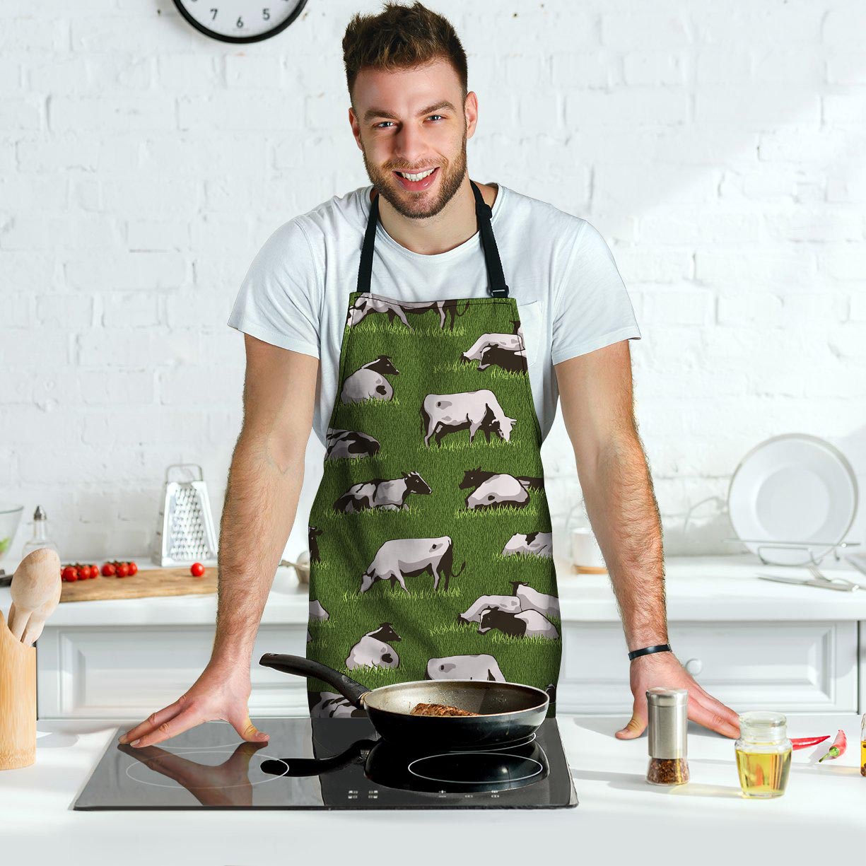 Cow In Grass Print Men's Apron-grizzshop