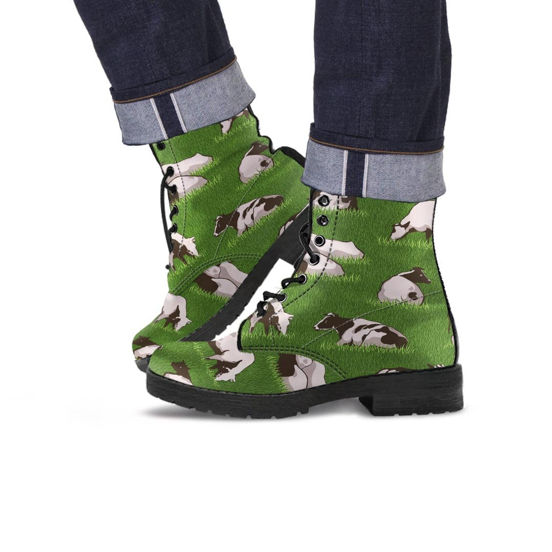 Cow In Grass Print Men's Boots-grizzshop