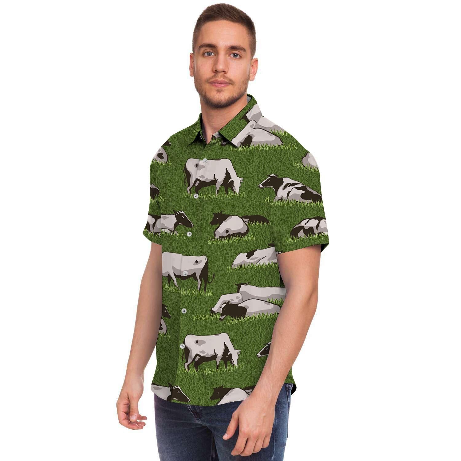 Cow In Grass Print Men's Short Sleeve Shirt-grizzshop