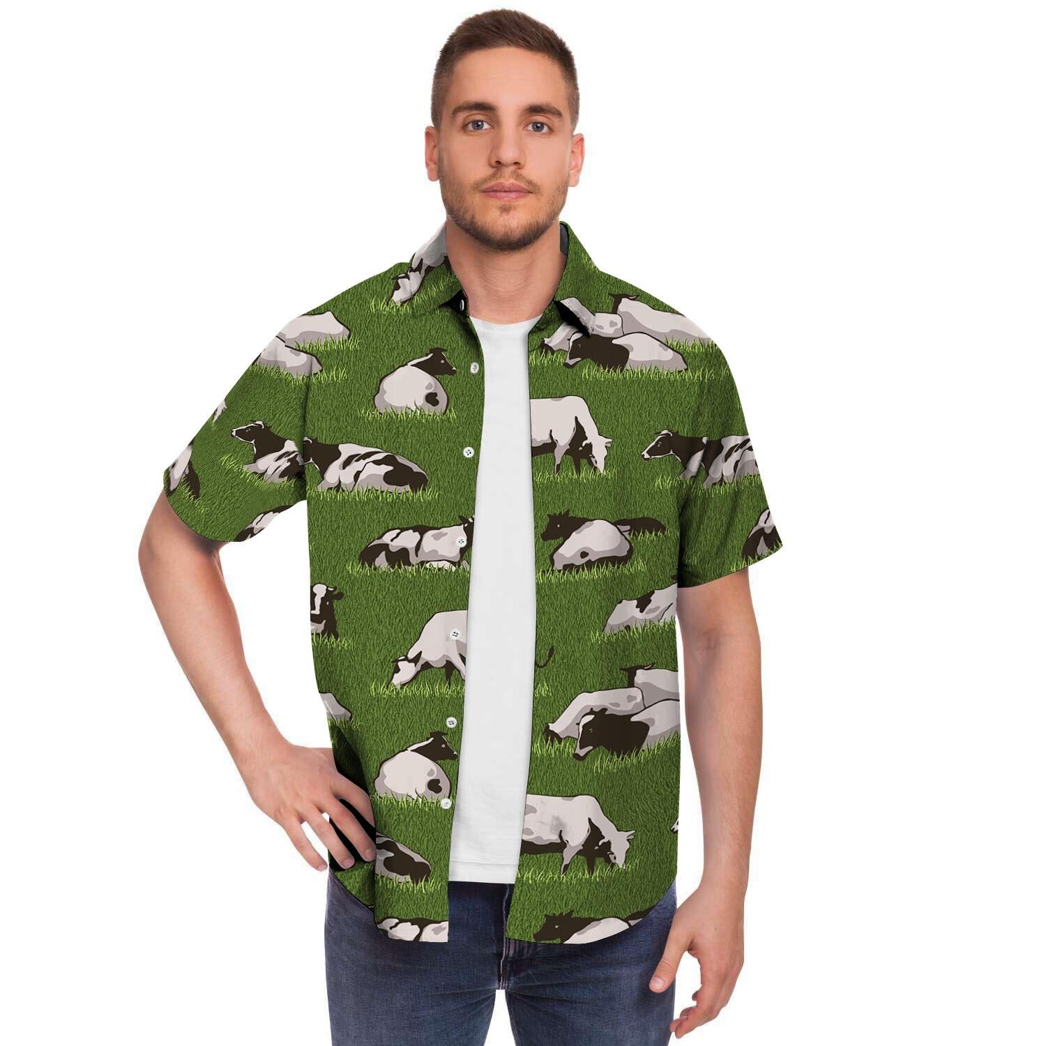 Cow In Grass Print Men's Short Sleeve Shirt-grizzshop