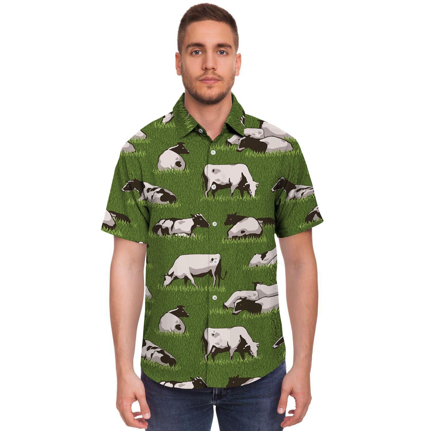Cow In Grass Print Men's Short Sleeve Shirt-grizzshop