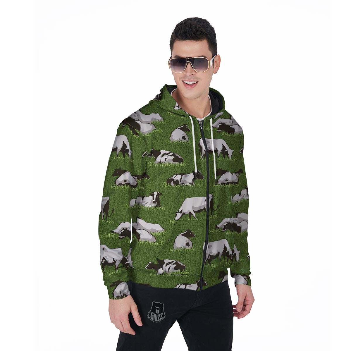 Cow In Grass Print Men's Zip Up Hoodie-grizzshop