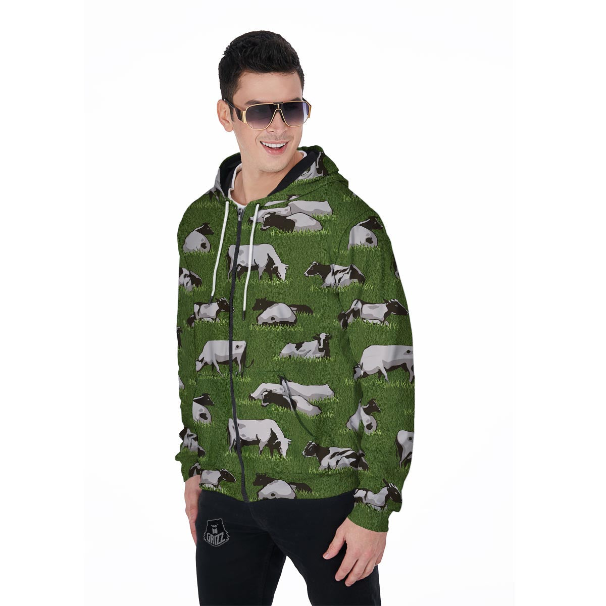 Cow In Grass Print Men's Zip Up Hoodie-grizzshop