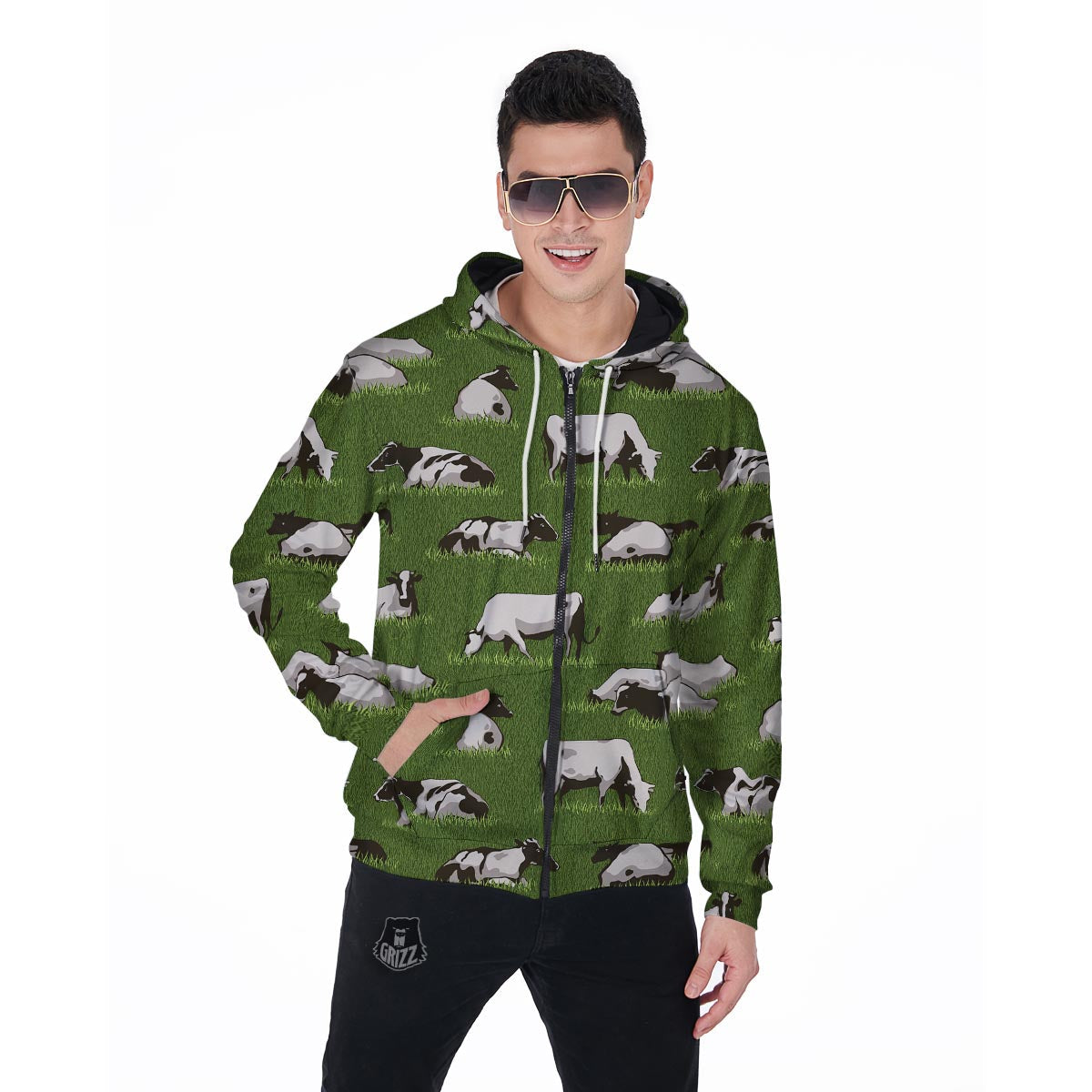 Cow In Grass Print Men's Zip Up Hoodie-grizzshop