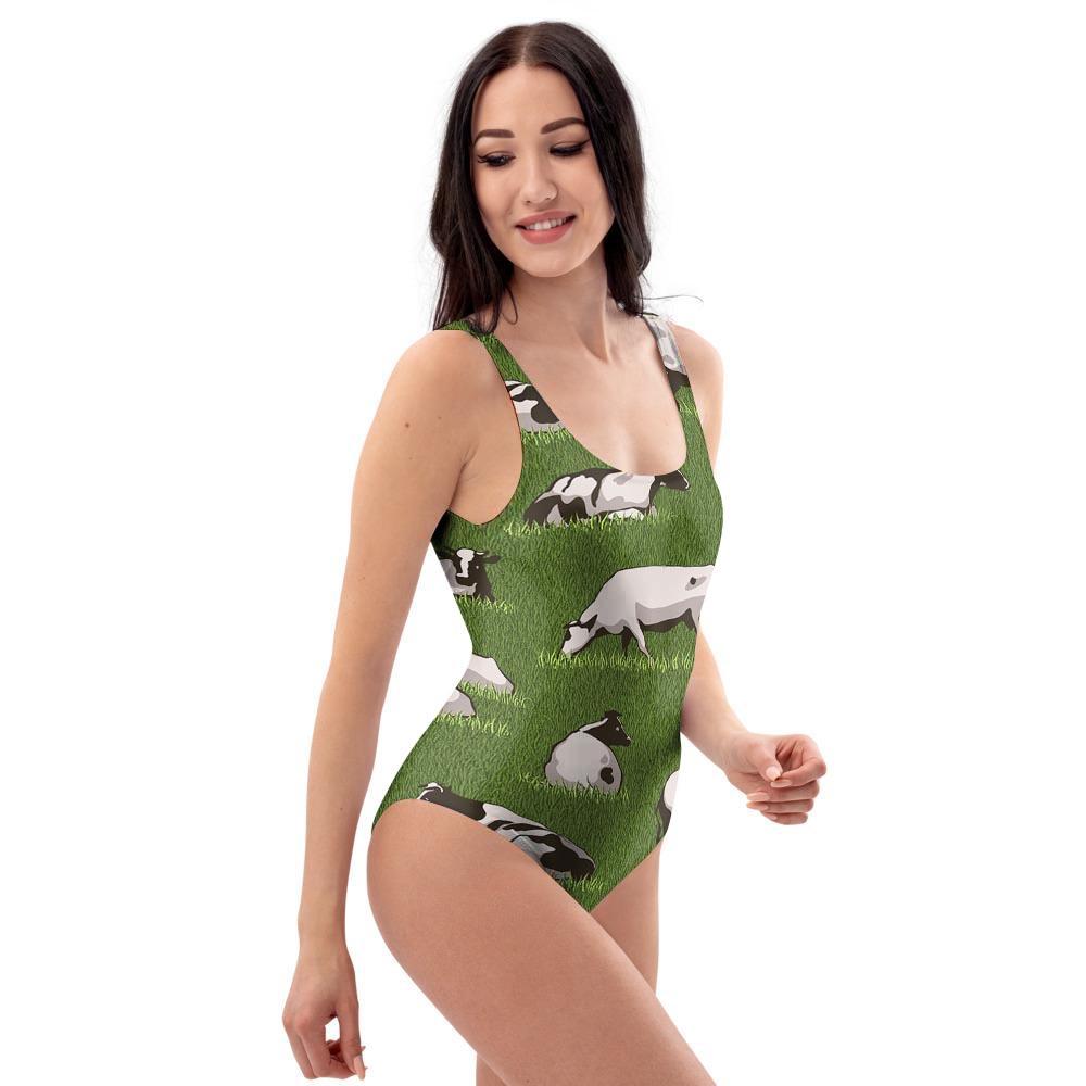 Cow In Grass Print One Piece Swimsuite-grizzshop