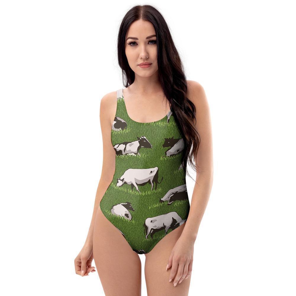 Cow In Grass Print One Piece Swimsuite-grizzshop