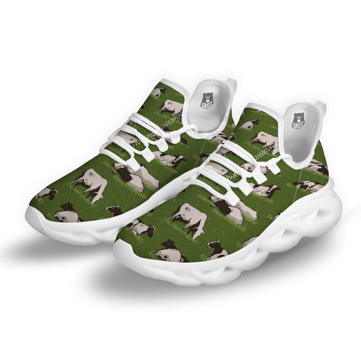 Cow In Grass Print White Running Shoes-grizzshop