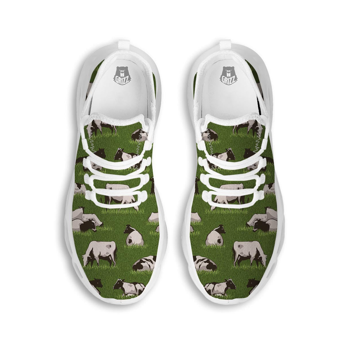 Cow In Grass Print White Running Shoes-grizzshop