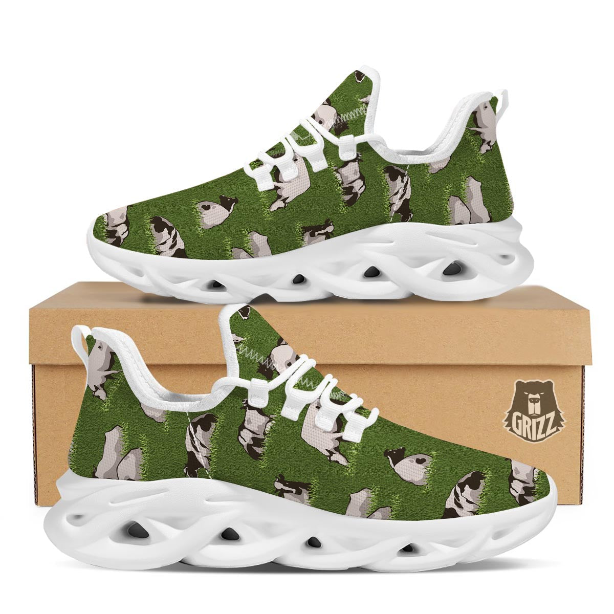 Cow In Grass Print White Running Shoes-grizzshop