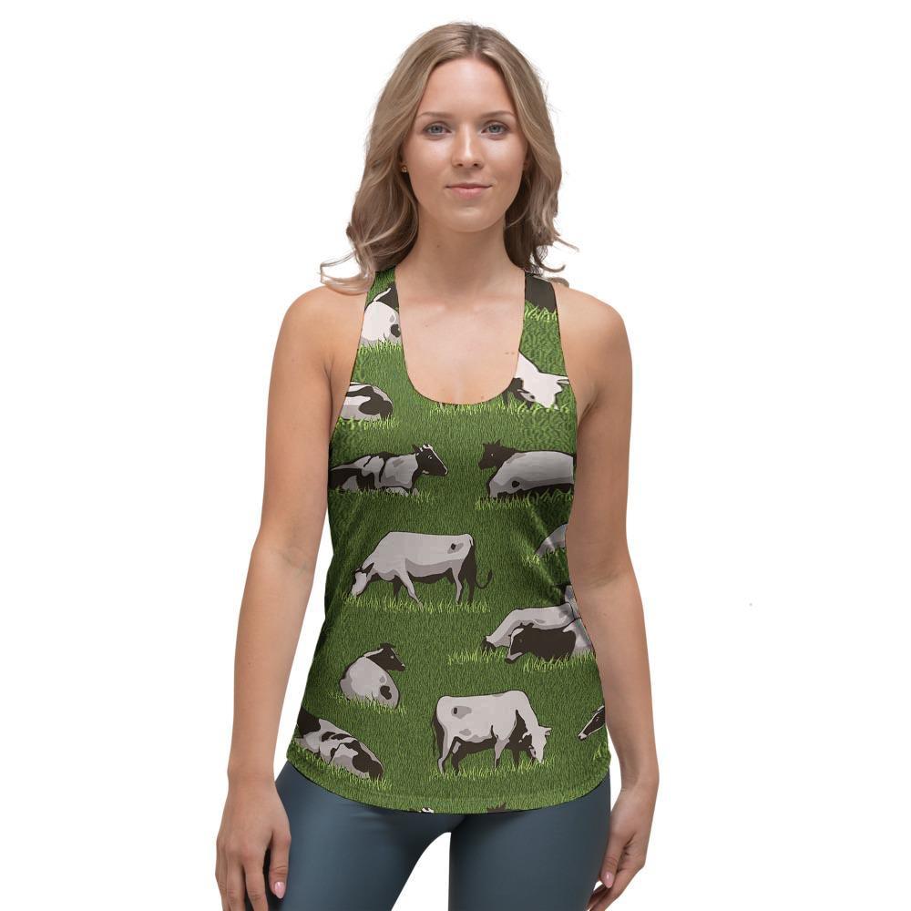 Cow In Grass Print Women's Racerback Tank Top-grizzshop