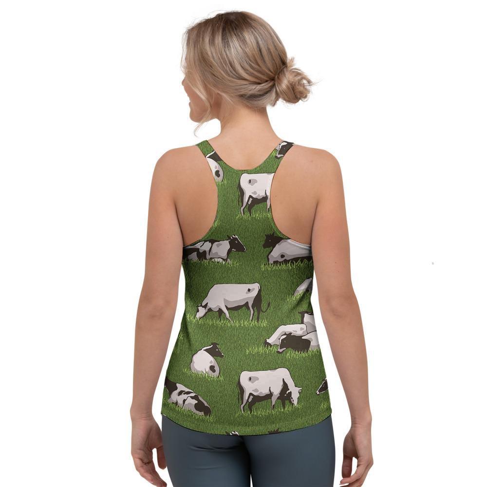 Cow In Grass Print Women's Racerback Tank Top-grizzshop