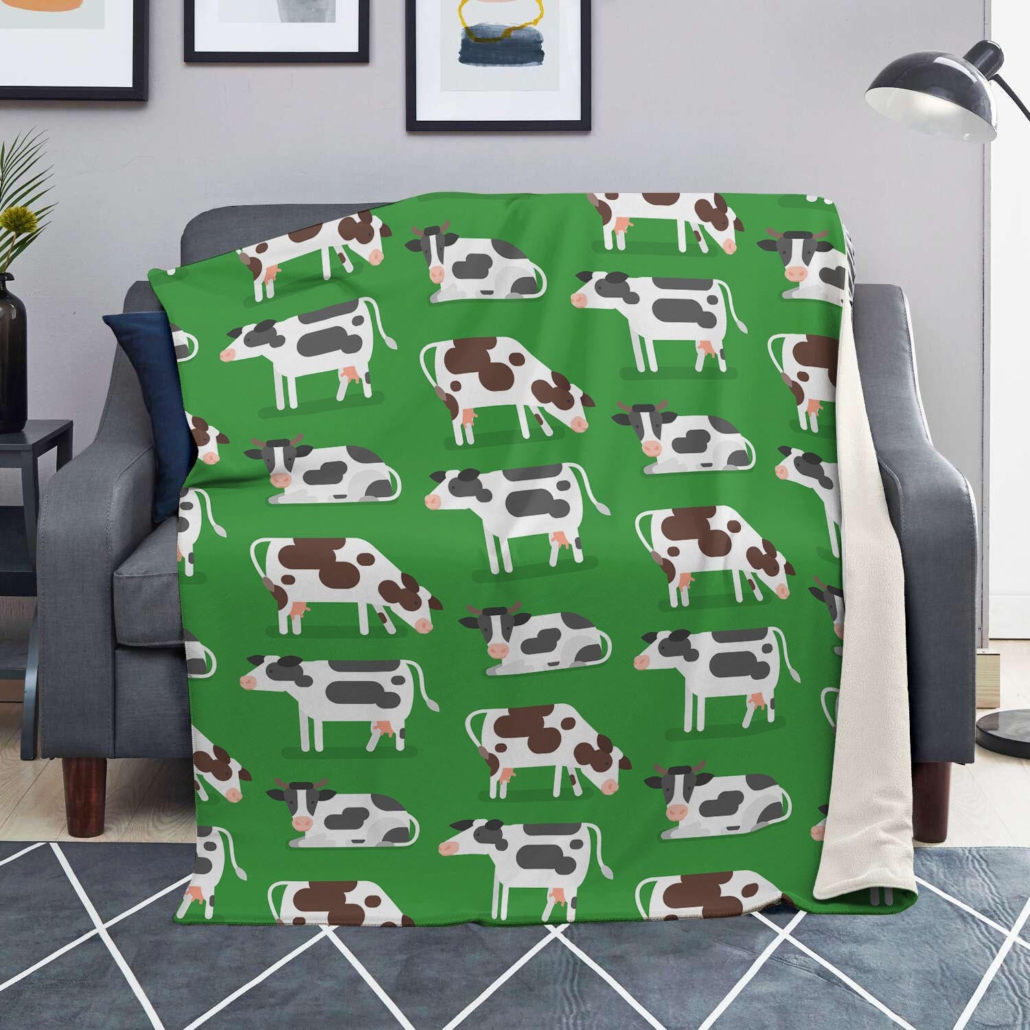 Cow In Green Grass Print Blanket-grizzshop