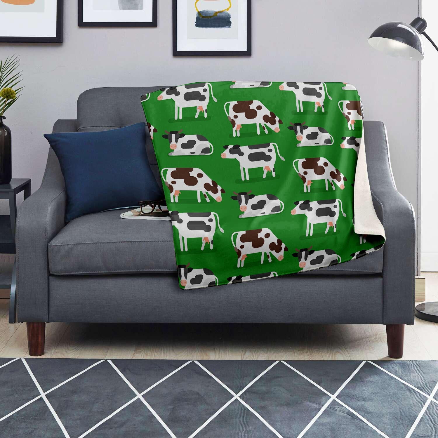 Cow In Green Grass Print Blanket-grizzshop