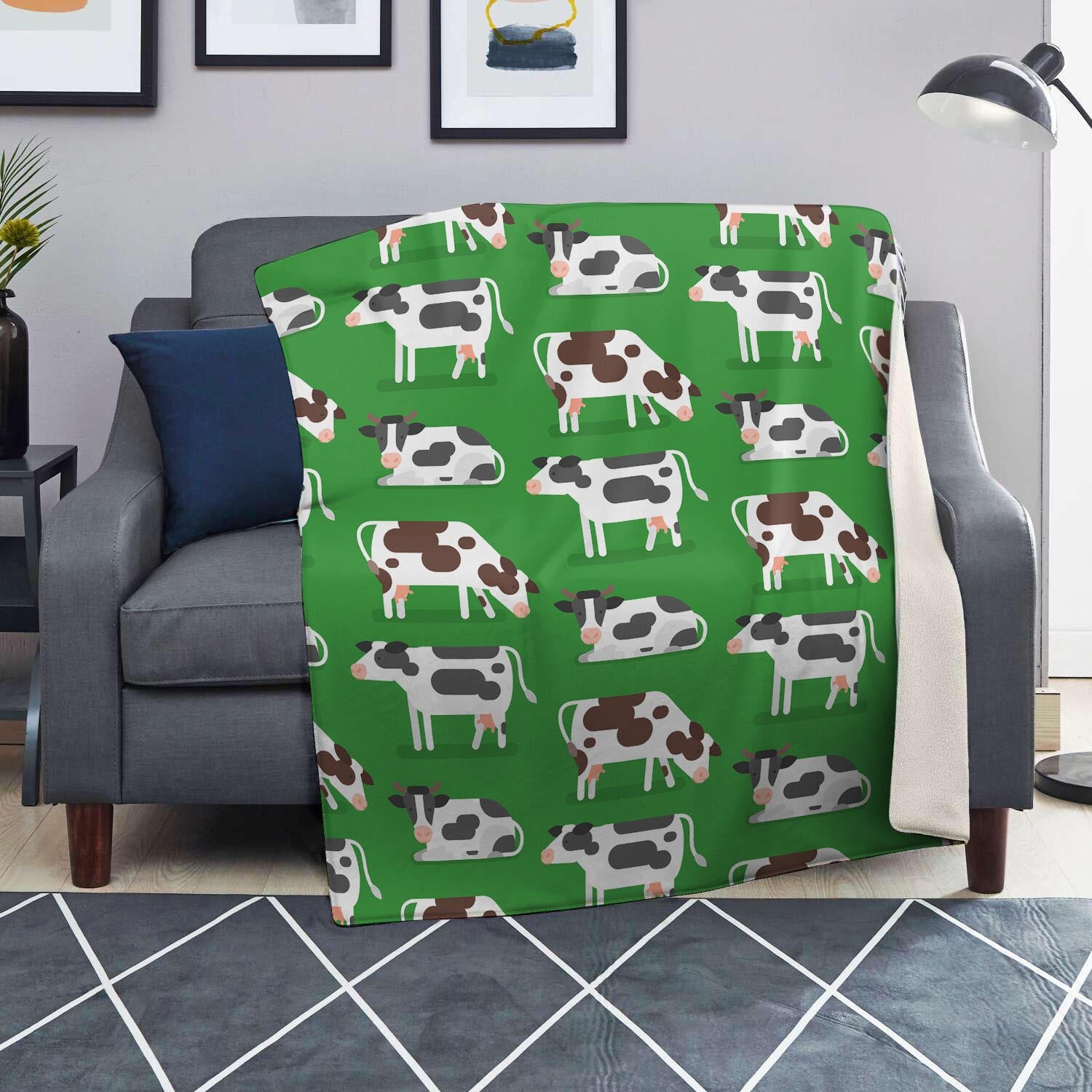 Cow In Green Grass Print Blanket-grizzshop