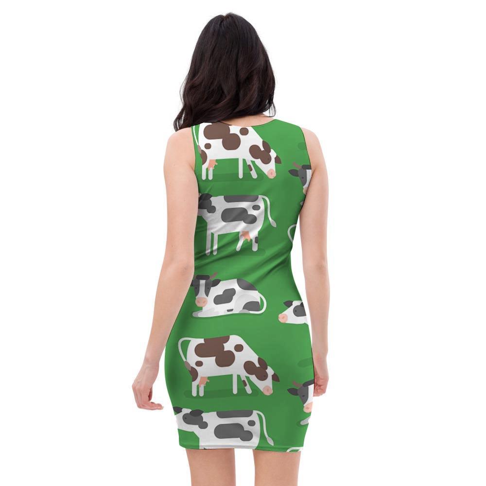 Cow In Green Grass Print Bodycon Dress-grizzshop