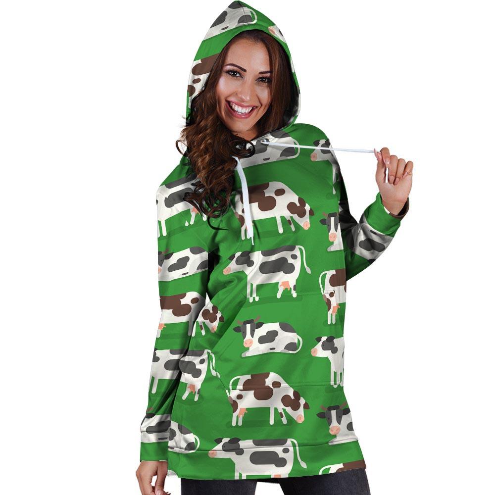 Cow In Green Grass Print Hoodie Dress-grizzshop