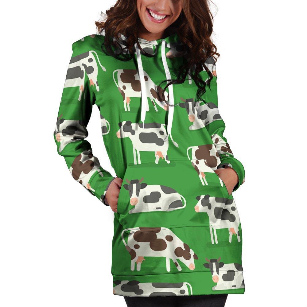 Cow In Green Grass Print Hoodie Dress-grizzshop