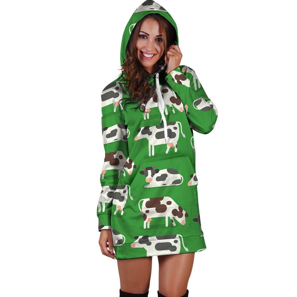 Cow In Green Grass Print Hoodie Dress-grizzshop