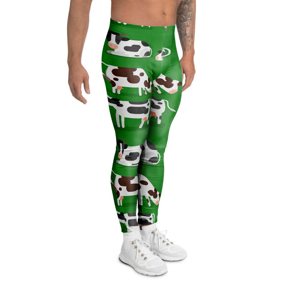 Cow In Green Grass Print Men's Leggings-grizzshop