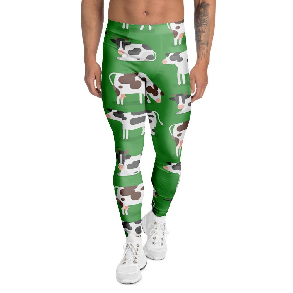 Cow In Green Grass Print Men's Leggings-grizzshop