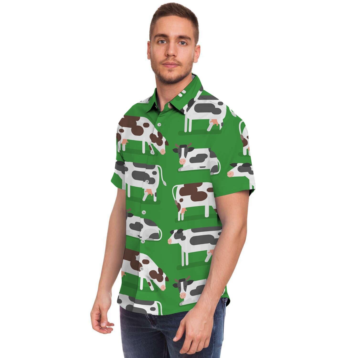 Cow In Green Grass Print Men's Short Sleeve Shirt-grizzshop
