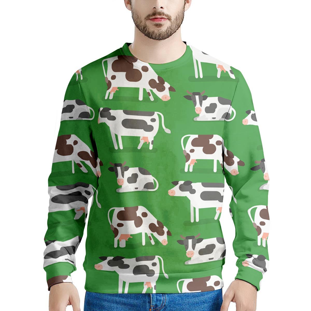 Cow In Green Grass Print Men's Sweatshirt-grizzshop