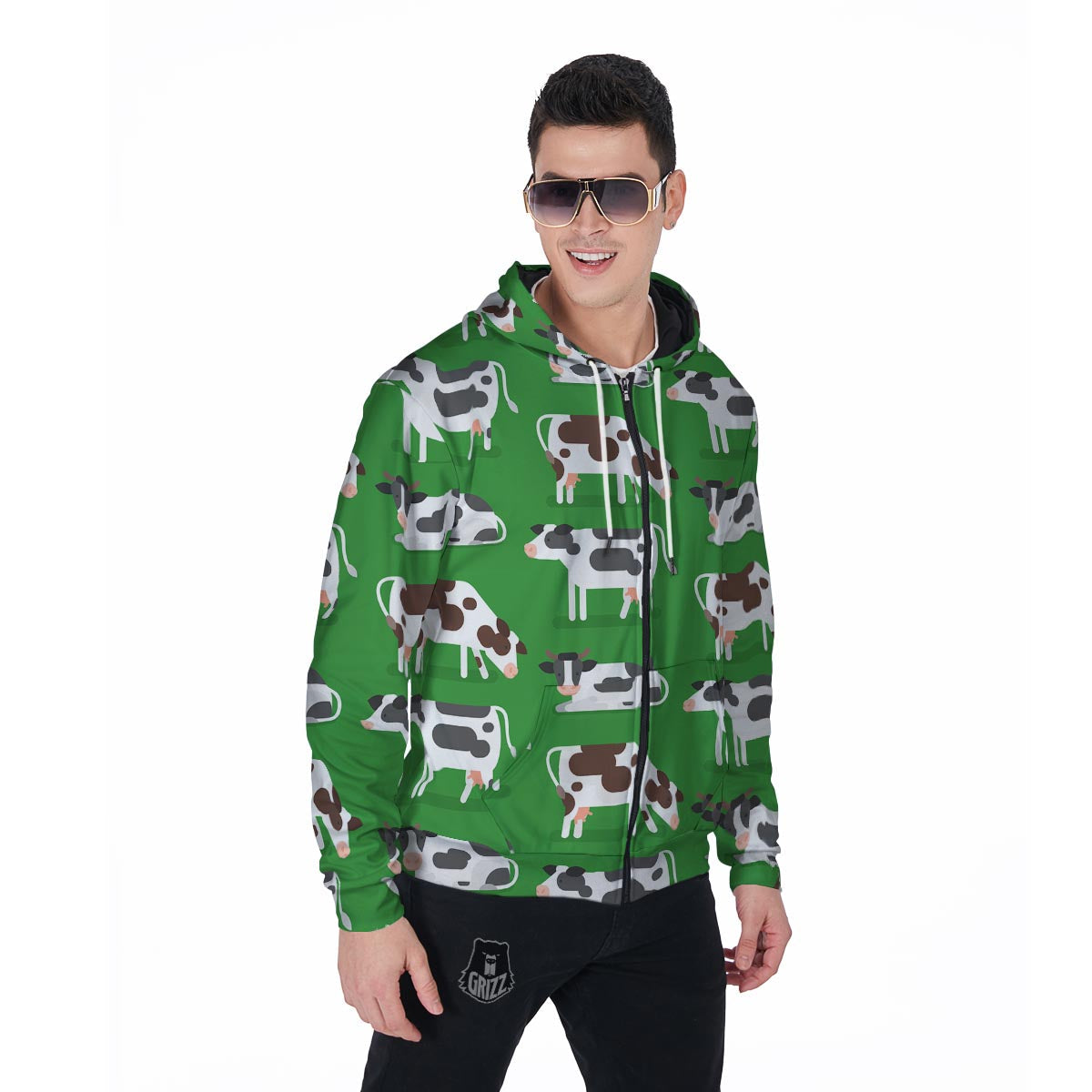 Cow In Green Grass Print Men's Zip Up Hoodie-grizzshop