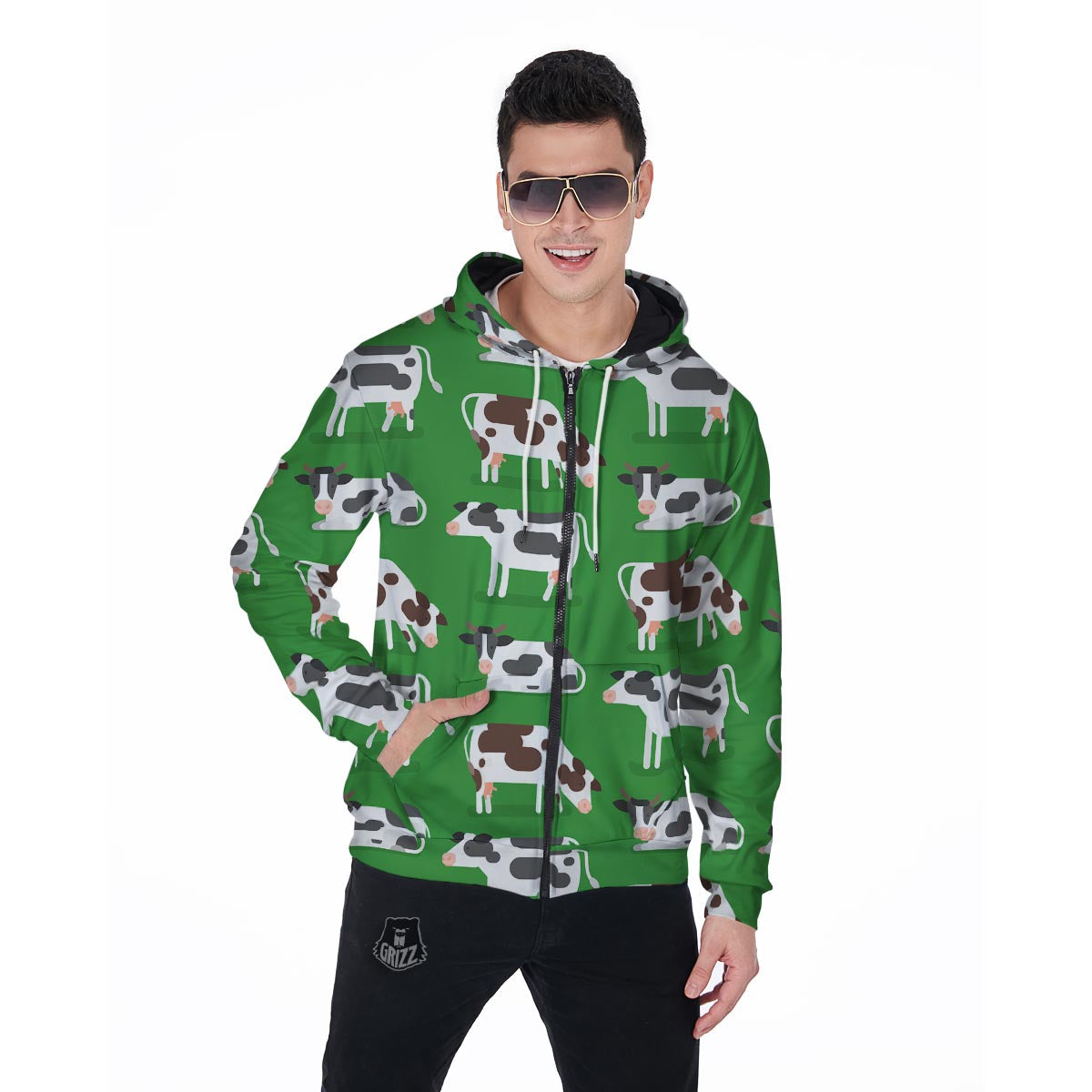 Cow In Green Grass Print Men's Zip Up Hoodie-grizzshop