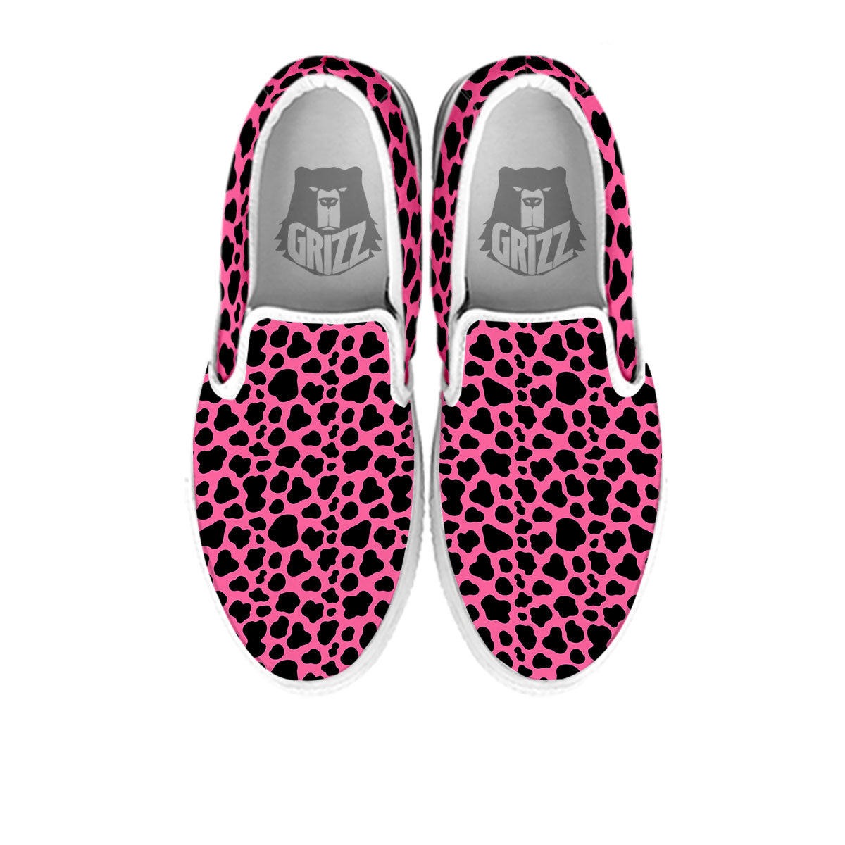 Cow Pink And Black Print White Slip On Shoes-grizzshop