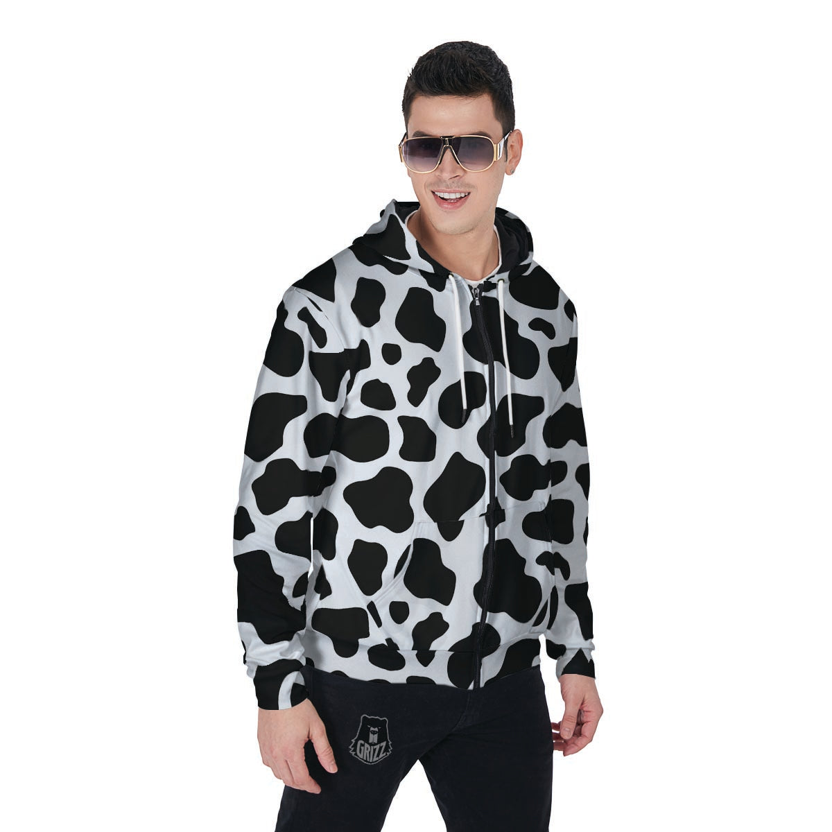 Cow Print Men's Zip Up Hoodie-grizzshop
