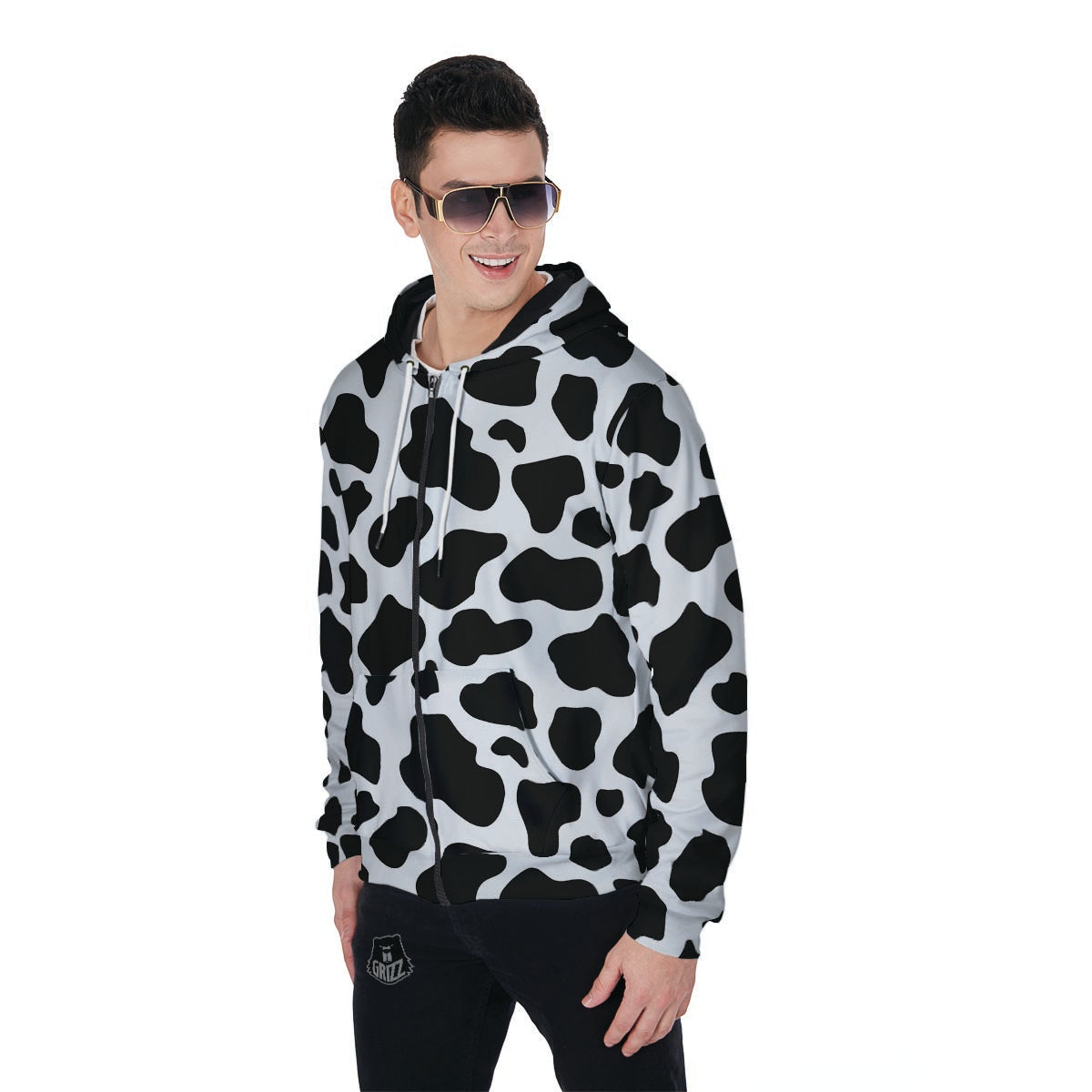 Cow Print Men's Zip Up Hoodie-grizzshop