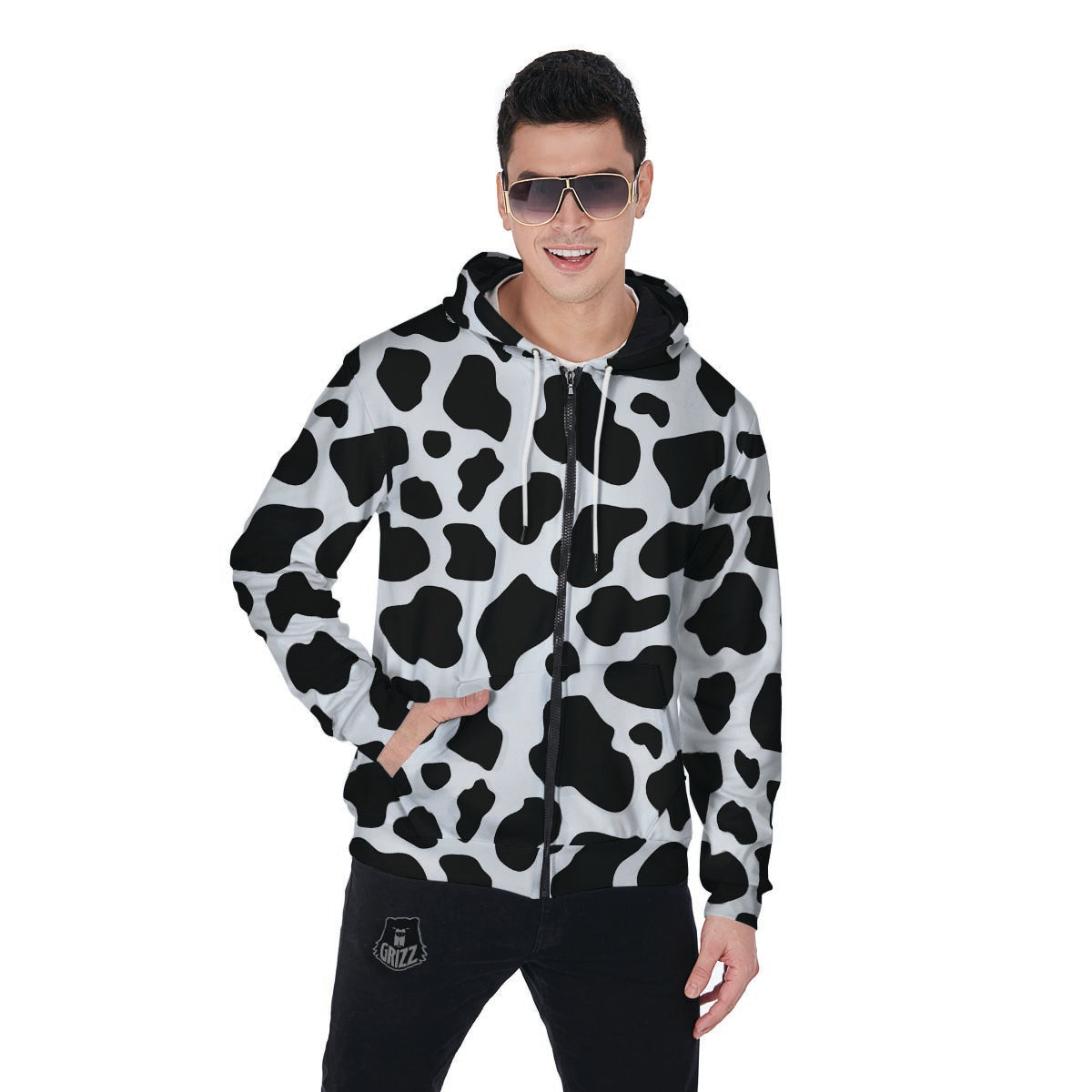 Cow Print Men's Zip Up Hoodie-grizzshop