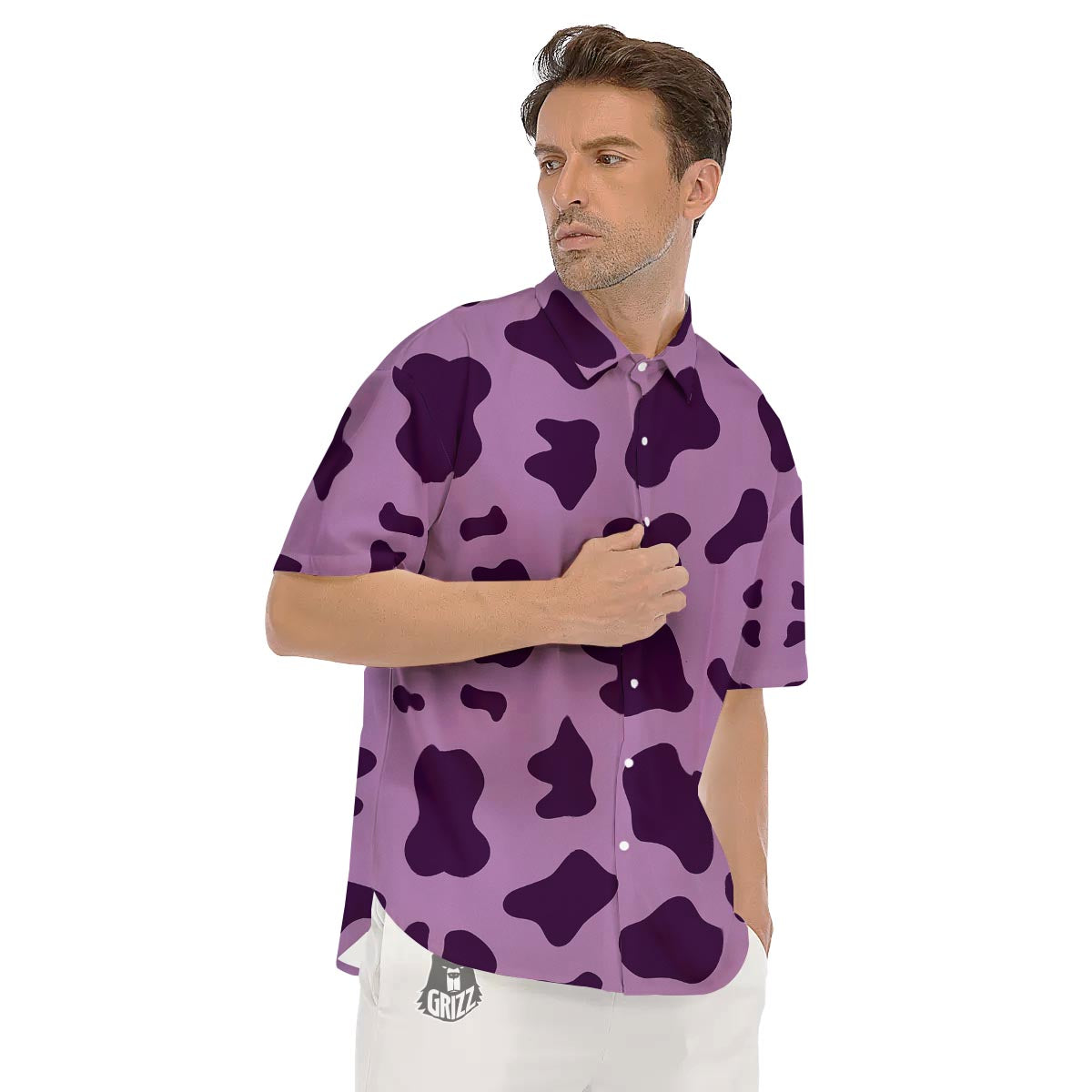 Cow Purple Print Pattern Men's Short Sleeve Shirts-grizzshop