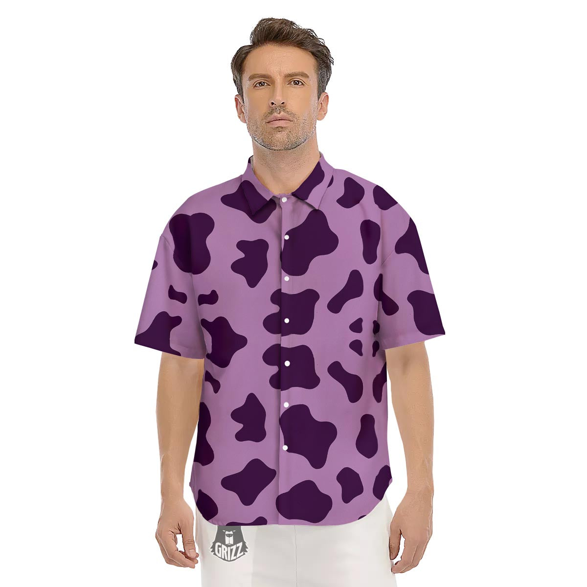 Cow Purple Print Pattern Men's Short Sleeve Shirts-grizzshop