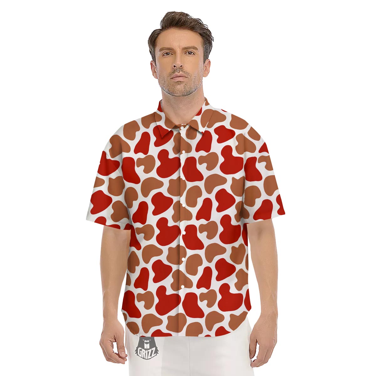 Cow Red Brown Print Pattern Men's Short Sleeve Shirts-grizzshop