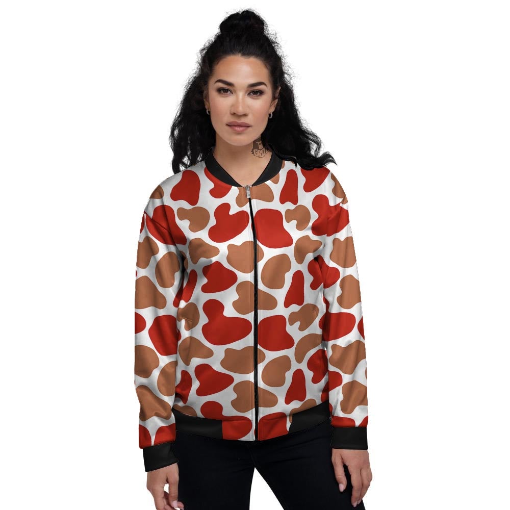 Cow Red Brown Print Pattern Women's Bomber Jacket-grizzshop