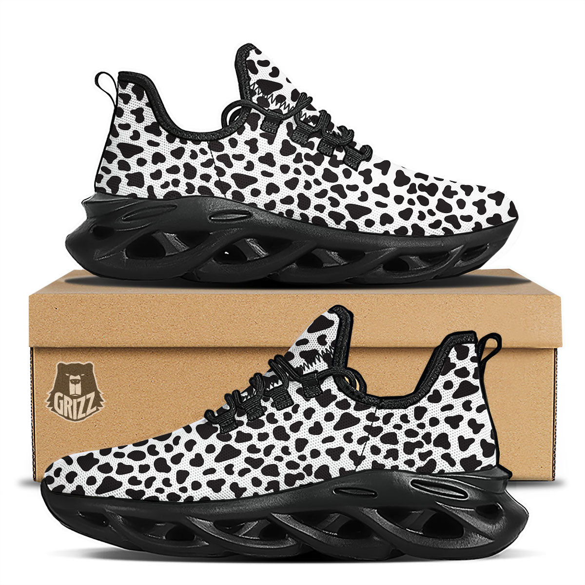 Cow White And Black Print Black Running Shoes-grizzshop