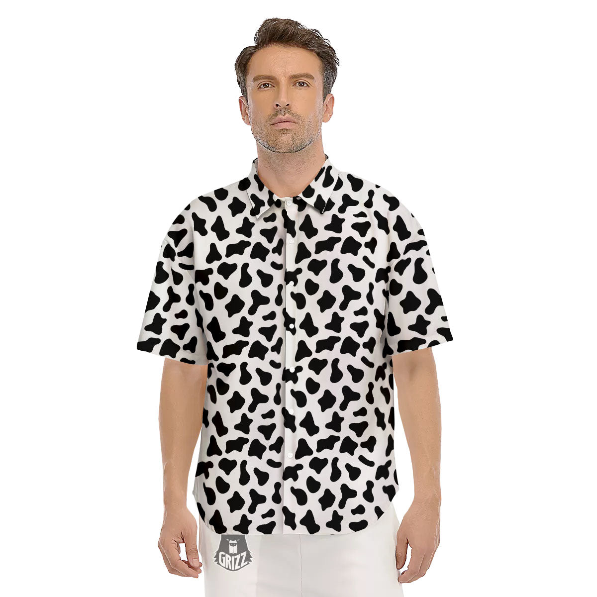 Cow White And Black Print Pattern Men's Short Sleeve Shirts-grizzshop