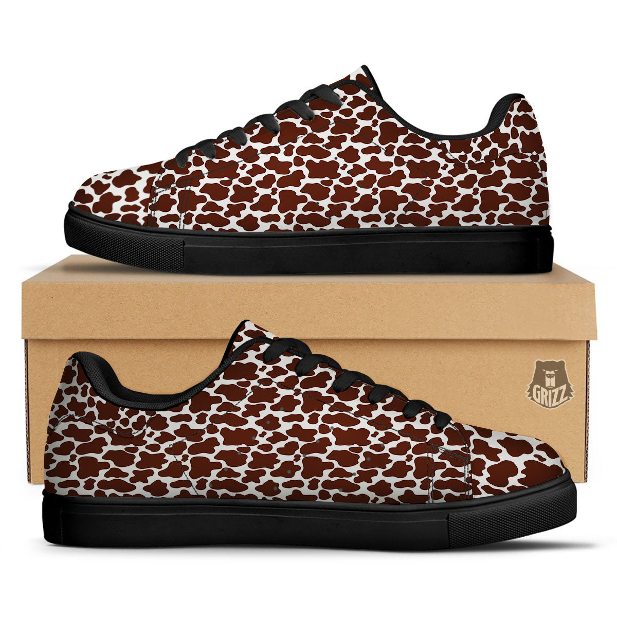Cow White And Brown Print Pattern Black Low Top Sneakers-grizzshop
