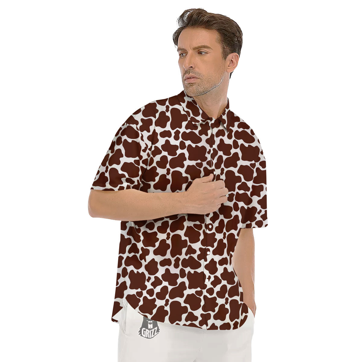 Cow White And Brown Print Pattern Men's Short Sleeve Shirts-grizzshop