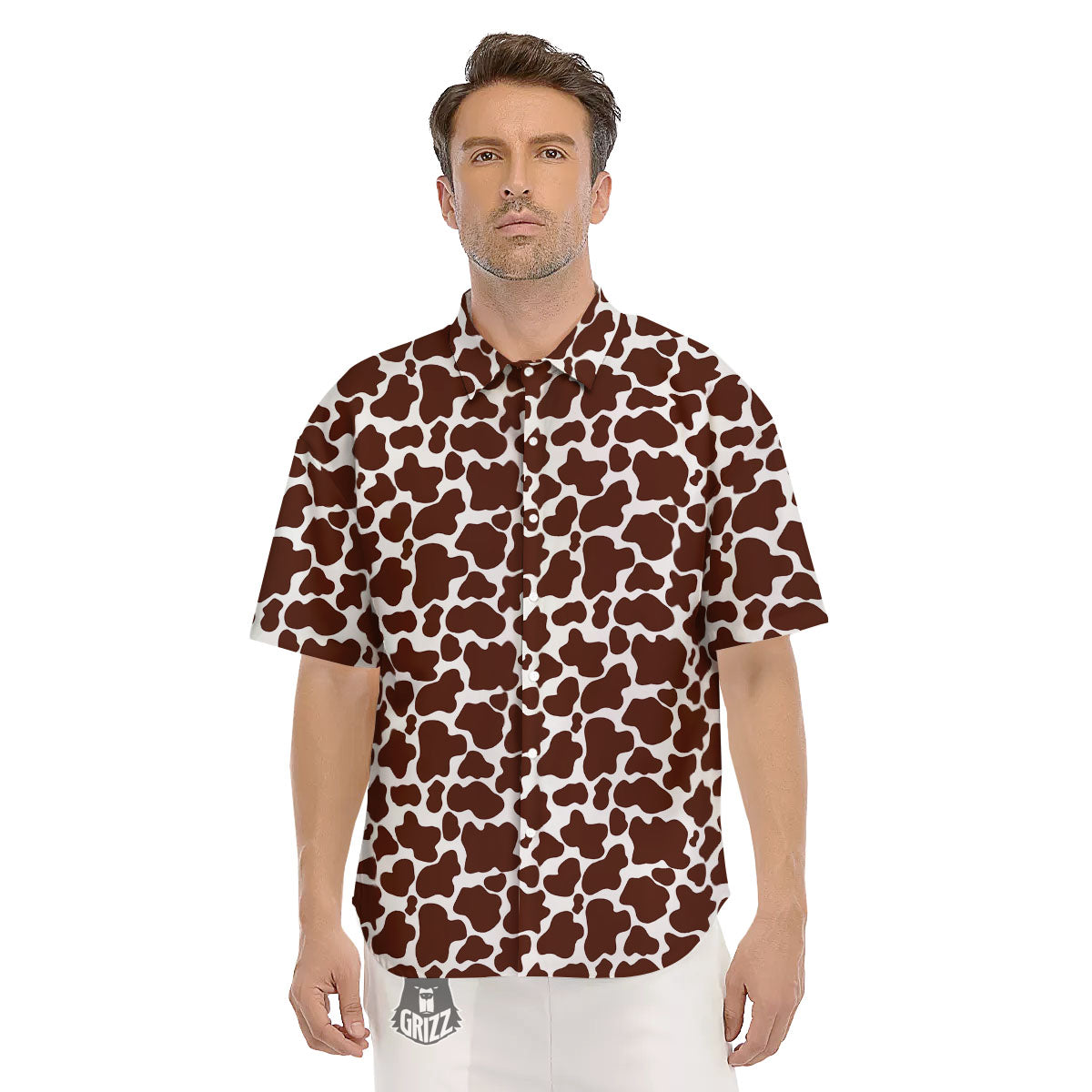 Cow White And Brown Print Pattern Men's Short Sleeve Shirts-grizzshop