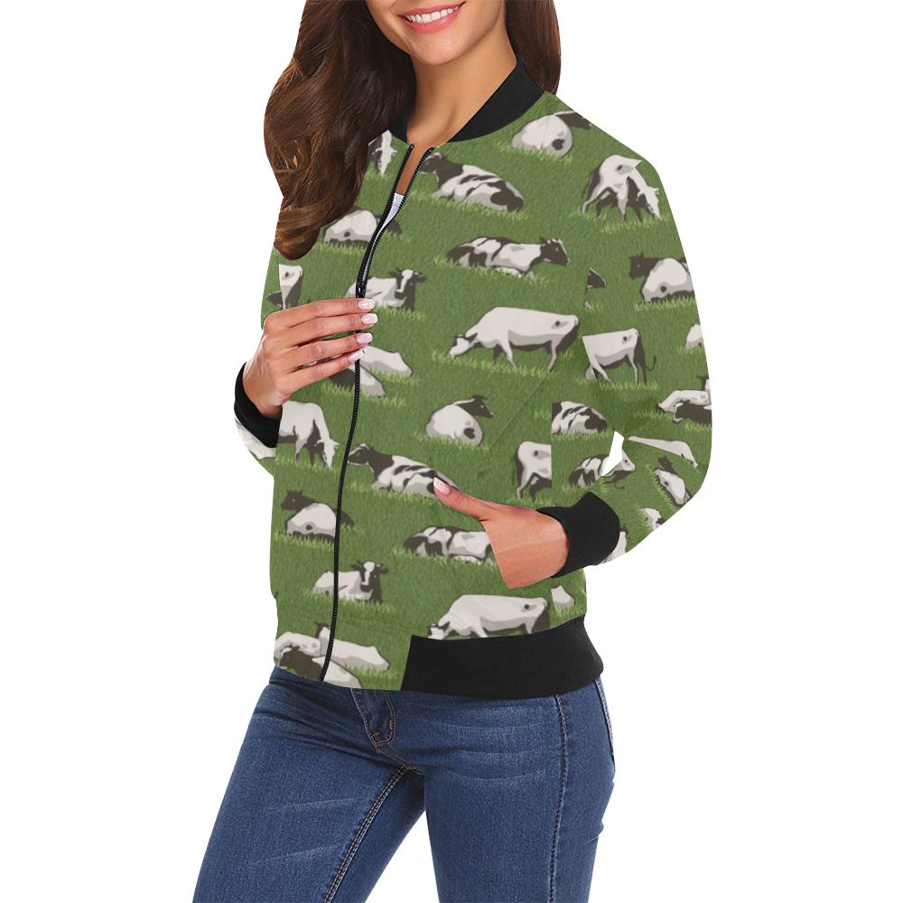 Cow Farm Pattern Print Women Casual Bomber Jacket-grizzshop