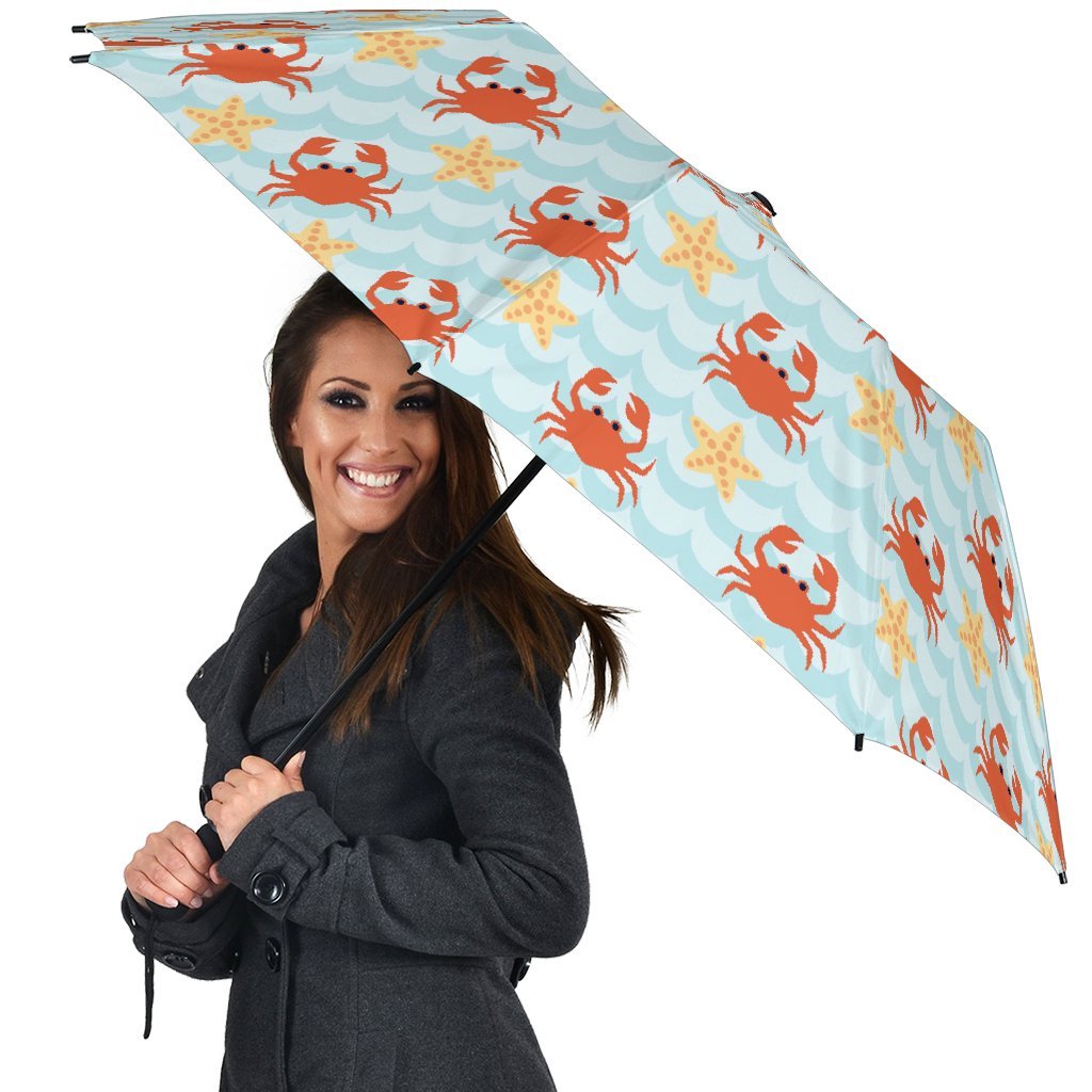Crab Starfish Pattern Print Automatic Foldable Umbrella-grizzshop