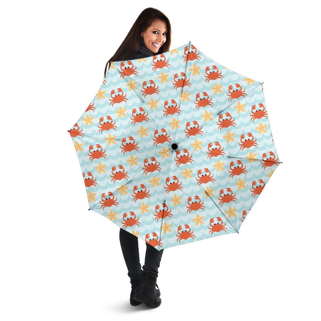 Crab Starfish Pattern Print Automatic Foldable Umbrella-grizzshop