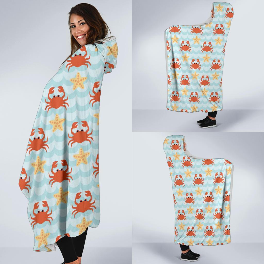 Crab Starfish Pattern Print Hooded Blanket-grizzshop