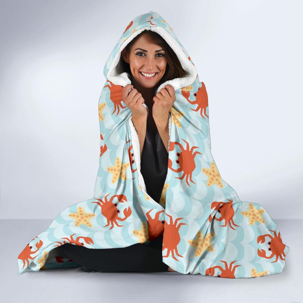 Crab Starfish Pattern Print Hooded Blanket-grizzshop