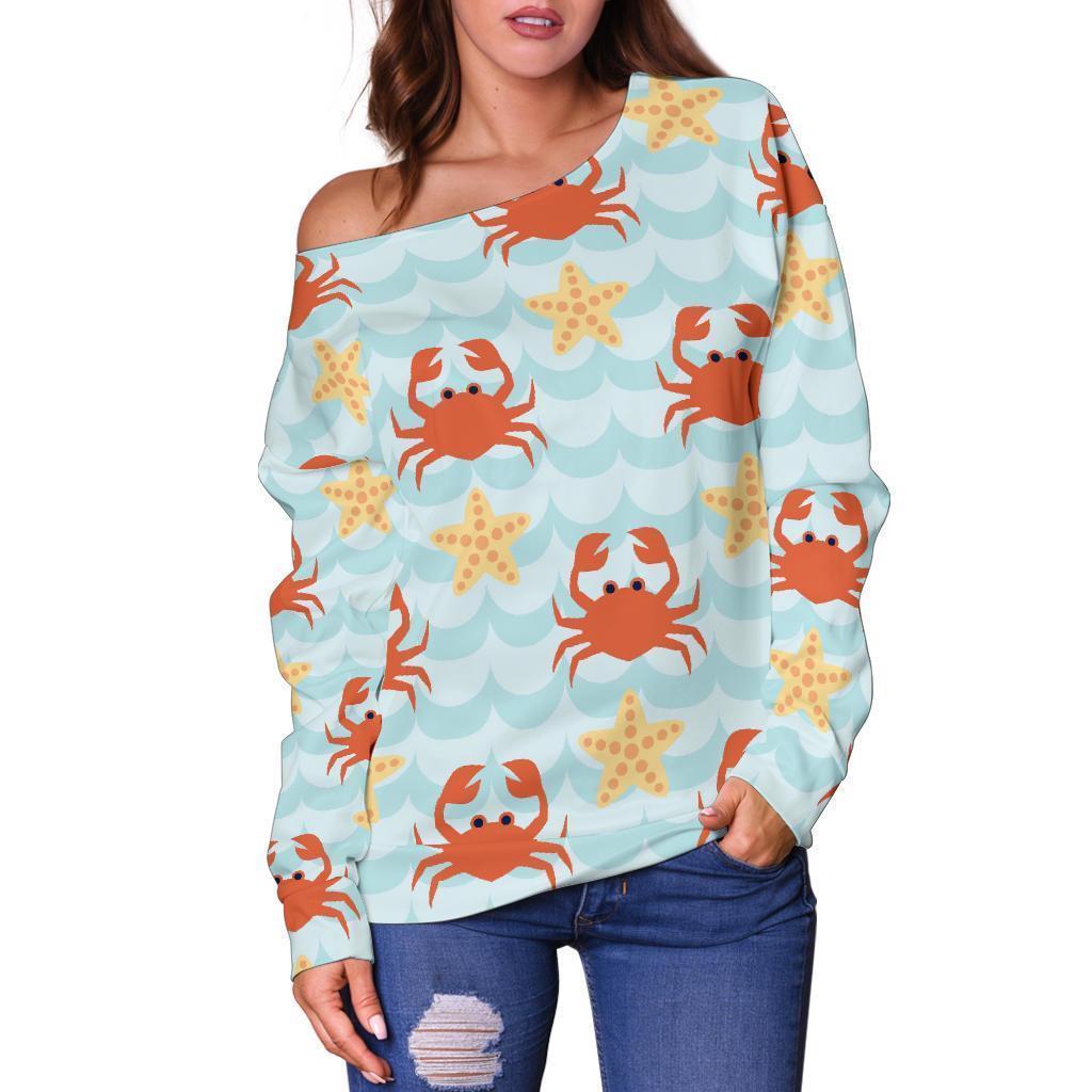 Crab Starfish Pattern Print Women Off Shoulder Sweatshirt-grizzshop