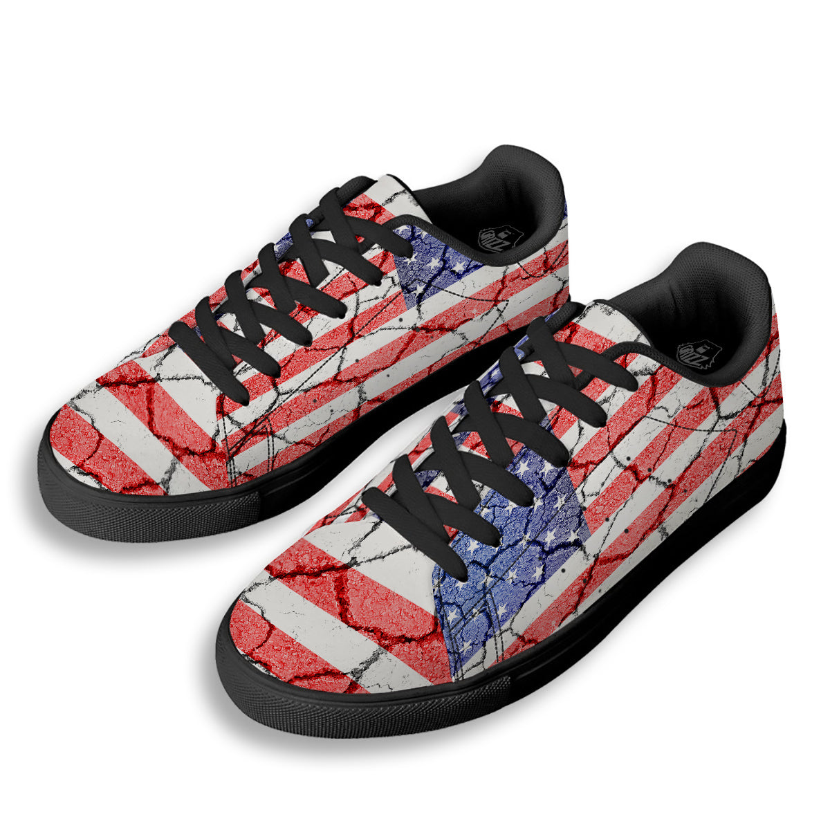 Cracked Flag American Print Black Low Top Sneakers-grizzshop